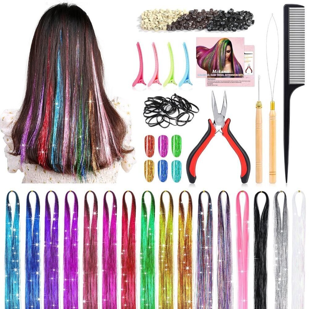 Hair Tinsel Kit Synthetic 47 Inch 3200 Strands Colorful Sparkling Glitter